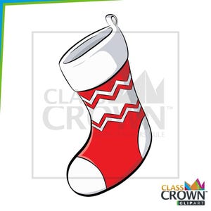 May include: A red and white Christmas stocking with a zig-zag pattern. The stocking has a white cuff and toe, and a loop for hanging. The image includes the text "CLASS CROWN CLIPART".