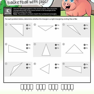 May include: A worksheet with the title "Why can't you play basketball with pigs?" features geometry problems. The problems involve identifying right triangles. A cartoon pig is in the upper right corner. The worksheet is designed for educational purposes.