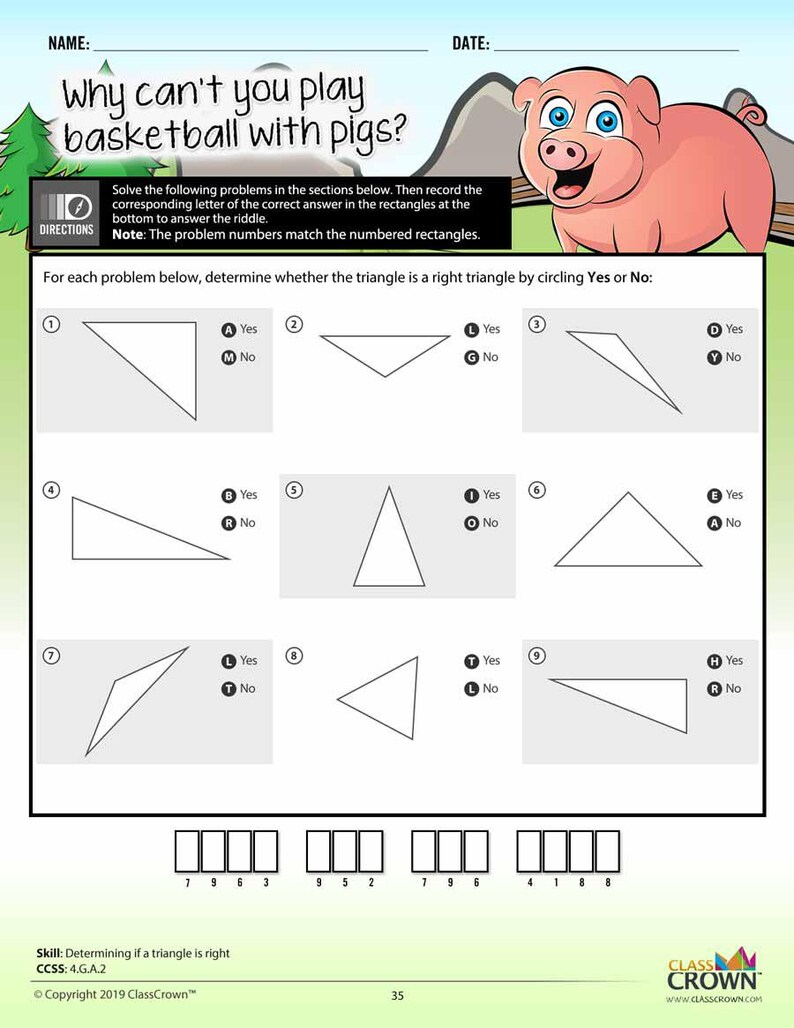 May include: A worksheet with the title "Why can't you play basketball with pigs?" features geometry problems. The problems involve identifying right triangles. A cartoon pig is in the upper right corner. The worksheet is designed for educational purposes.