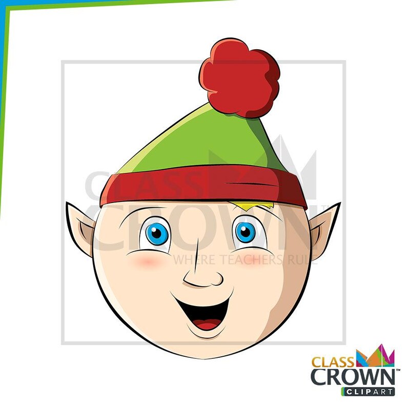 May include: A cartoon illustration of an elf's face. The elf has a green hat with a red band and a red pom-pom. The elf has blue eyes, rosy cheeks, and a smiling mouth. The image includes the text "CLASS CROWN CLIPART".