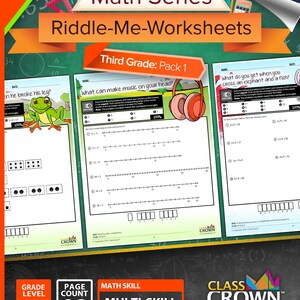 May include: A colorful educational worksheet pack for third grade math, titled "Math Series Riddle-Me-Worksheets." The cover features the text "Third Grade: Pack 1" and "Multi-Skill Grade 3 Math - Pack 1." The pack includes 30 pages of math problems.