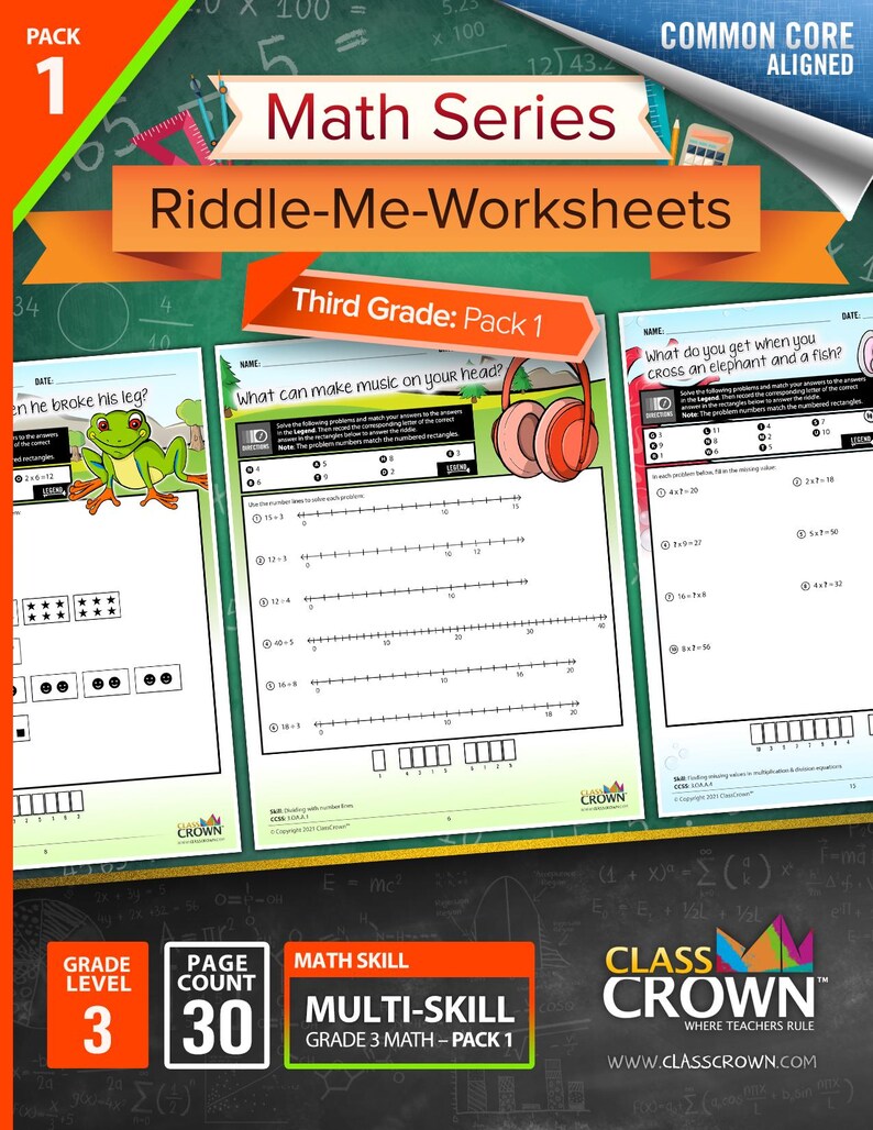May include: A colorful educational worksheet pack for third grade math, titled "Math Series Riddle-Me-Worksheets." The cover features the text "Third Grade: Pack 1" and "Multi-Skill Grade 3 Math - Pack 1." The pack includes 30 pages of math problems.