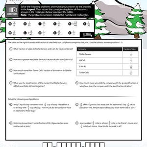 May include: A worksheet titled "What is Winter's favorite food?" with math problems. The page includes a table showing fractions of sales for cell phone companies and word problems. The worksheet has a winter theme with illustrations.