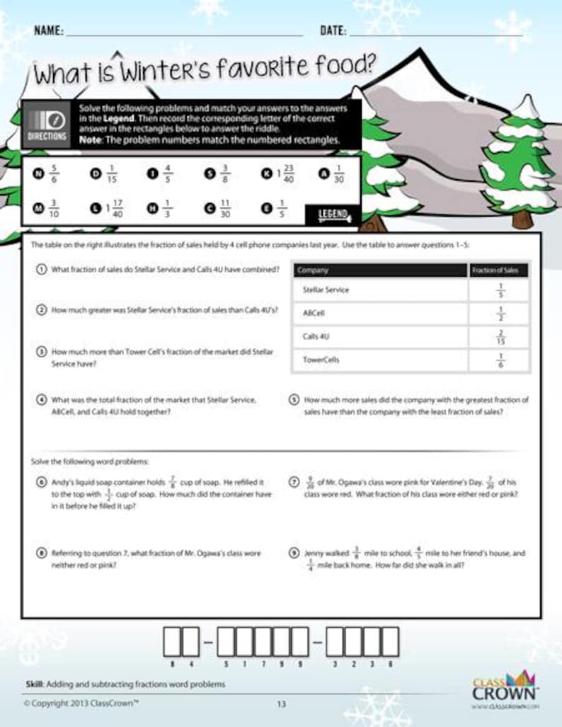 May include: A worksheet titled "What is Winter's favorite food?" with math problems. The page includes a table showing fractions of sales for cell phone companies and word problems. The worksheet has a winter theme with illustrations.