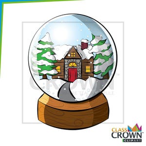 May include: A snow globe featuring a winter scene with a cabin, snow-covered trees, and a path. The cabin has a red door and yellow windows. The base is made of wood. The snow globe is a festive holiday decoration.