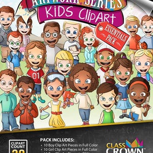 Puede incluir: Una serie de ilustraciones digitales titulada "Artwork Series Kids Clipart" con ilustraciones de dibujos animados de ni&ntilde;os. La imagen incluye el texto "Essentials Pack" y enumera el contenido del paquete, incluyendo im&aacute;genes predise&ntilde;adas a color y en blanco y negro.
