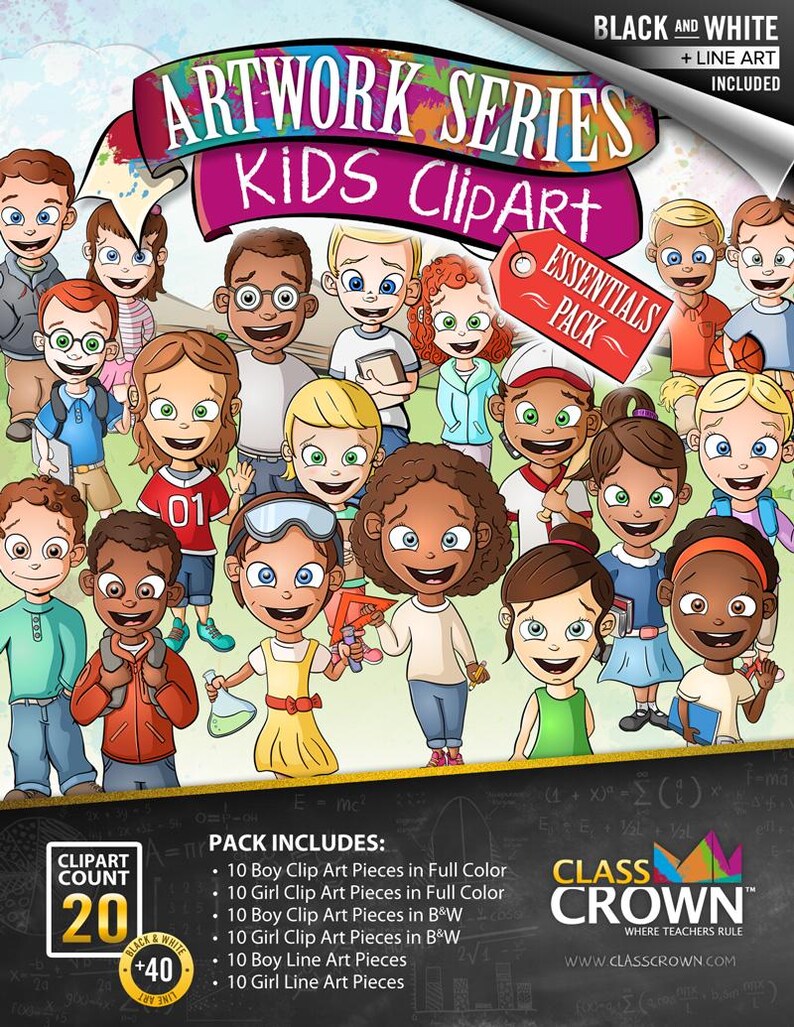 Puede incluir: Una serie de ilustraciones digitales titulada "Artwork Series Kids Clipart" con ilustraciones de dibujos animados de ni&ntilde;os. La imagen incluye el texto "Essentials Pack" y enumera el contenido del paquete, incluyendo im&aacute;genes predise&ntilde;adas a color y en blanco y negro.