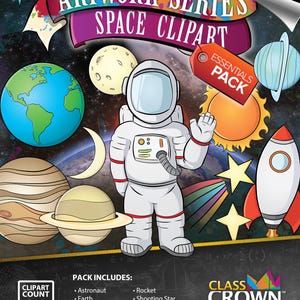 May include: A colorful digital clipart set titled "Artwork Series Space Clipart." The image features an astronaut, planets, stars, a rocket, and the text "Essentials Pack." The set includes 12 clipart elements, perfect for educational or creative projects.