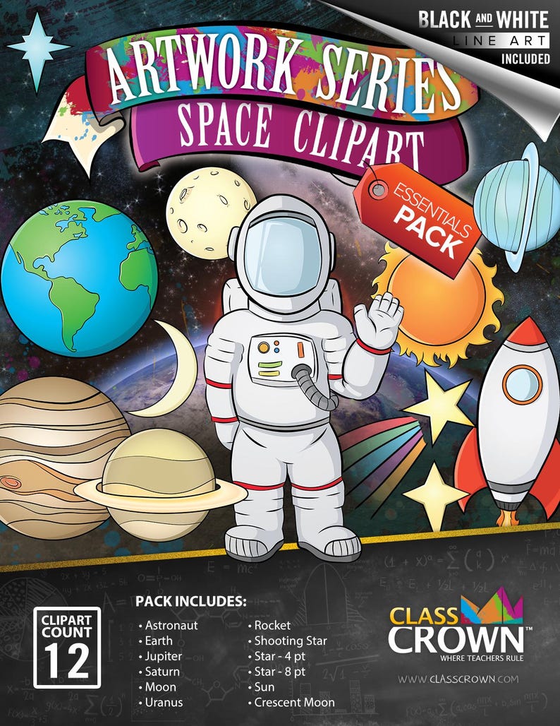 May include: A colorful digital clipart set titled "Artwork Series Space Clipart." The image features an astronaut, planets, stars, a rocket, and the text "Essentials Pack." The set includes 12 clipart elements, perfect for educational or creative projects.