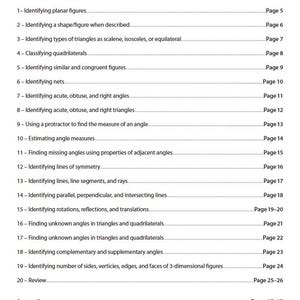 May include: A white page with a "Table of Contents" for a geometry textbook. The list includes topics like identifying shapes, angles, and lines, with corresponding page numbers. The text is in black.