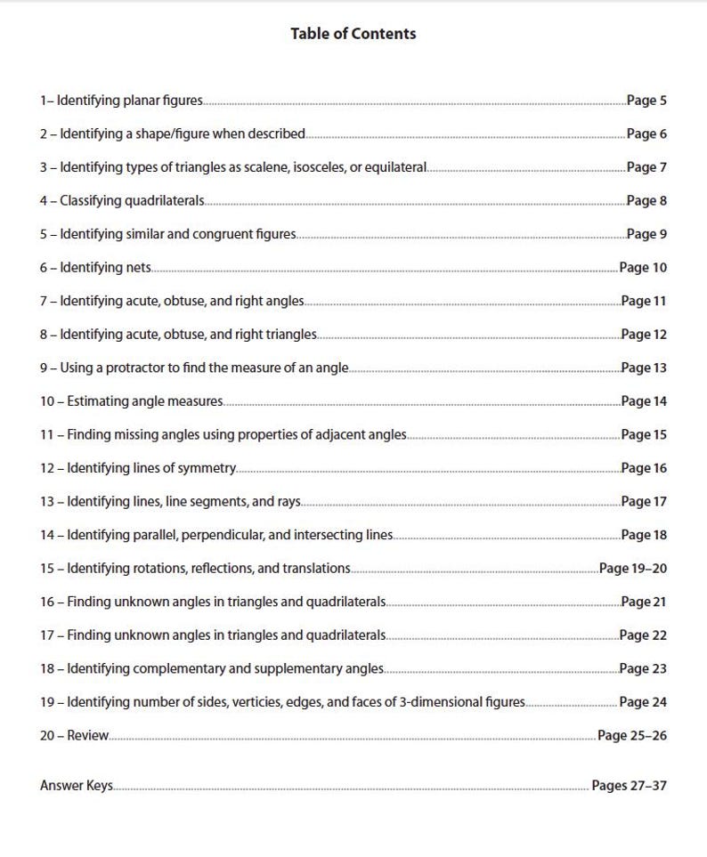May include: A white page with a "Table of Contents" for a geometry textbook. The list includes topics like identifying shapes, angles, and lines, with corresponding page numbers. The text is in black.