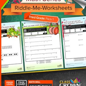 May include: A colorful educational worksheet pack for third grade math, featuring the title "Math Series Riddle-Me-Worksheets." The cover displays the text "Third Grade: Pack 1" and "Multi-Skill Grade 3 Math - Pack 1." The pack includes 30 pages.
