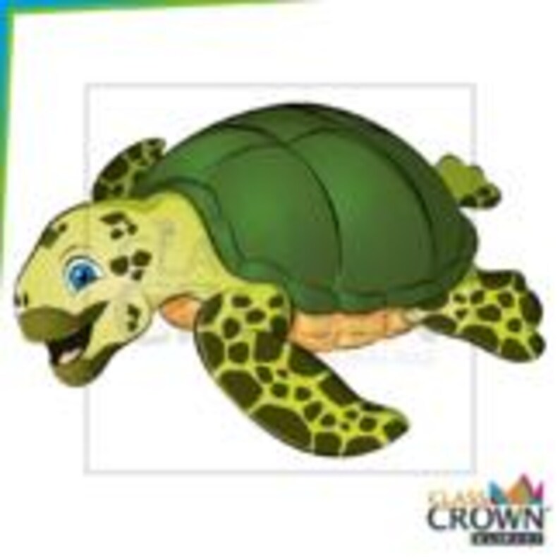 May include: A cartoon illustration of a sea turtle with a green shell and yellow-green body. The turtle has blue eyes and is smiling. The image is set against a white background.