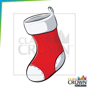 May include: A red Christmas stocking with a white cuff and toe, outlined in black. The stocking has a loop for hanging and is a classic holiday decoration.