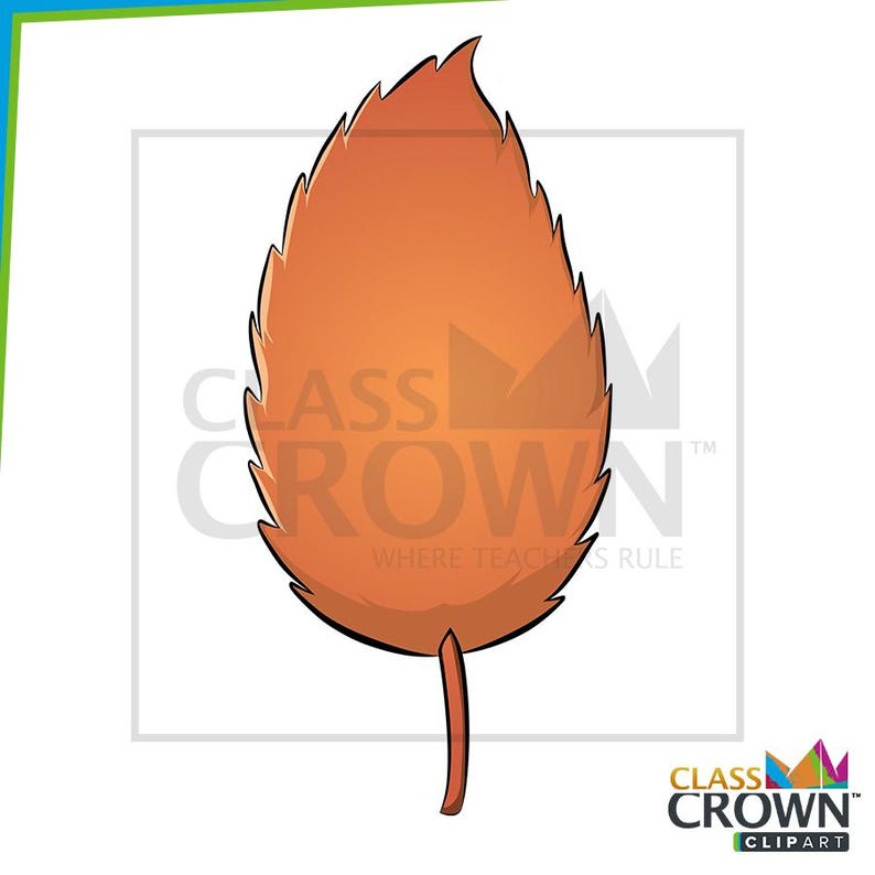 May include: A cartoon illustration of a single orange leaf with a brown stem. The leaf has a jagged edge and is set against a white background. The text "CLASS CROWN" is visible.