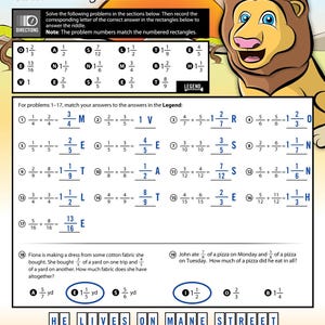 May include: A colorful educational worksheet with math problems, including fractions, and a riddle. The worksheet features a cartoon lion illustration and the text "Where can you find the lion?" The bottom of the worksheet has the text "He lives on Mane Street."