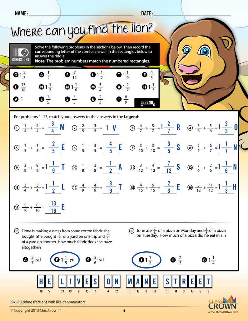 May include: A colorful educational worksheet with math problems, including fractions, and a riddle. The worksheet features a cartoon lion illustration and the text "Where can you find the lion?" The bottom of the worksheet has the text "He lives on Mane Street."