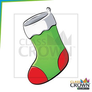 May include: A cartoon Christmas stocking with a green body, red toe and heel, and a white cuff. The stocking has a loop for hanging and is set against a white background. The text "CLASS CROWN CLIPART" is visible.