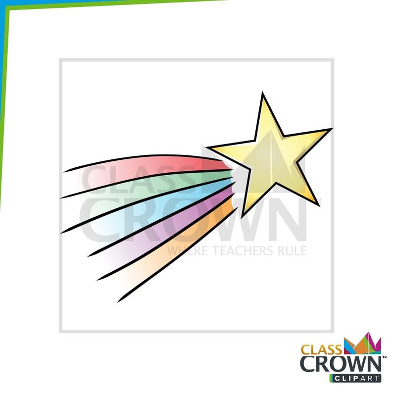 May include: A cartoon illustration of a yellow star with a colorful rainbow trail. The star is outlined in black and has a light yellow fill. The rainbow trail consists of red, green, blue, purple, and orange stripes.
