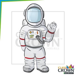 May include: A cartoon astronaut in a white spacesuit with red accents, waving. The astronaut has a clear helmet visor and a backpack. The image includes the Class Crown Clipart logo.