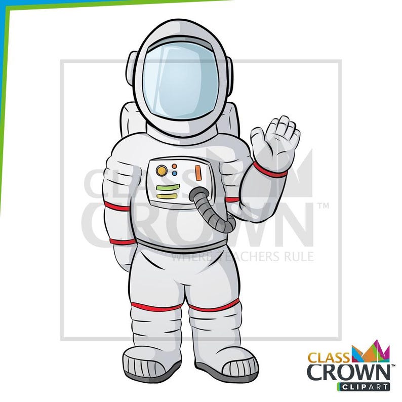 May include: A cartoon astronaut in a white spacesuit with red accents, waving. The astronaut has a clear helmet visor and a backpack. The image includes the Class Crown Clipart logo.