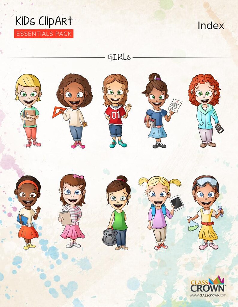Puede incluir: Ilustraciones de dibujos animados de ni&ntilde;as con diferentes estilos y objetos escolares. El texto "KIDS CLIPART ESSENTIALS PACK" y "GIRLS" est&aacute; presente. Las ni&ntilde;as sonr&iacute;en y visten diferentes atuendos.