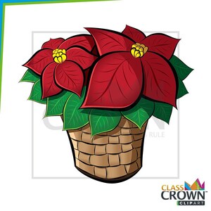 May include: A digital illustration of a poinsettia plant in a woven basket. The poinsettia has large, vibrant red leaves with green foliage underneath. The basket is a light brown color, and the image has a clean, graphic style.