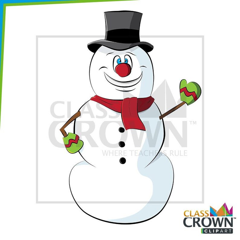 May include: A cheerful snowman illustration with a black top hat, red scarf, and green mittens. The snowman has a carrot nose, a smiling face, and is waving. The image is a cartoon style, perfect for winter-themed projects.
