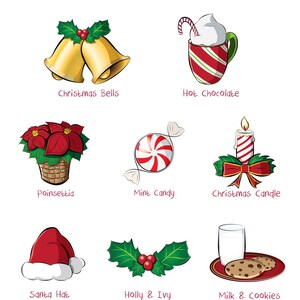 May include: A collection of Christmas-themed clipart illustrations. Includes golden bells, a mug of hot chocolate, a poinsettia, a peppermint candy, a Christmas candle, a Santa hat, holly and ivy, and milk and cookies.