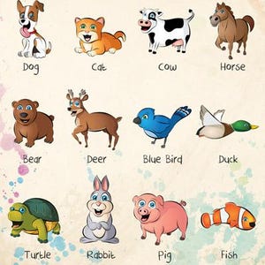 Pu&ograve; includere: Illustrazione colorata con vari animali: cane, gatto, mucca, cavallo, orso, cervo, uccello azzurro, anatra, tartaruga, coniglio, maiale e pesce. Il testo "INDEX: Animal Clipart - Essentials Pack" &egrave; in alto.