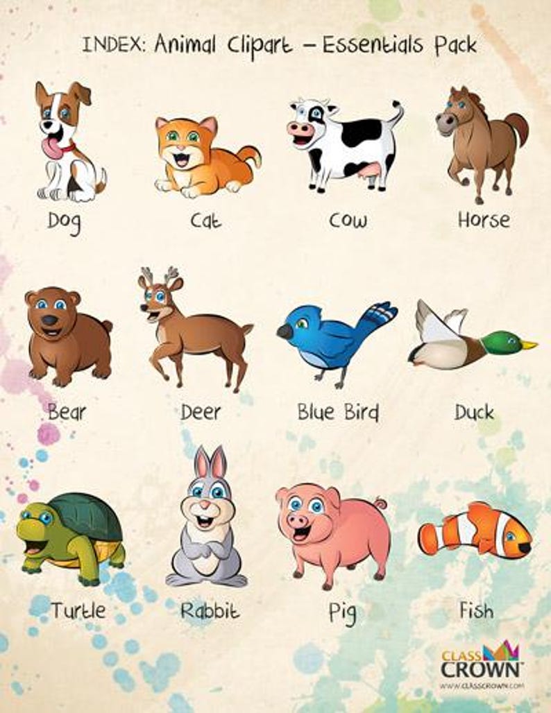 Pu&ograve; includere: Illustrazione colorata con vari animali: cane, gatto, mucca, cavallo, orso, cervo, uccello azzurro, anatra, tartaruga, coniglio, maiale e pesce. Il testo "INDEX: Animal Clipart - Essentials Pack" &egrave; in alto.