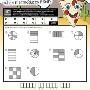 May include: A worksheet titled "What does a pizza say when it introduces itself?" with fraction problems and a pizza slice cartoon. The worksheet includes a legend with fractions and letters to solve a riddle. The bottom of the page has the ClassCrown logo.