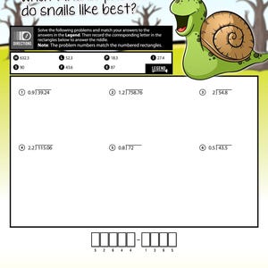 May include: A worksheet with the title "What kind of photos do snails like best?" features math problems involving decimal division. A cartoon snail is in the upper right corner. The worksheet includes a legend with answers and a riddle to solve.