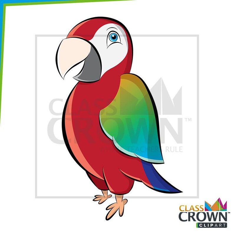 May include: A cartoon illustration of a parrot with red, white, blue, green, and yellow coloring. The parrot has a large white beak, blue eyes, and a red body. The wings are a gradient of green, yellow, and blue. The image includes the text "CLASS CROWN CLIPART".