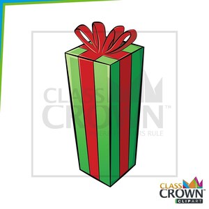 May include: A tall, rectangular gift box with a red bow on top. The box is green with vertical red stripes. The gift box is a festive design, perfect for holidays or special occasions.