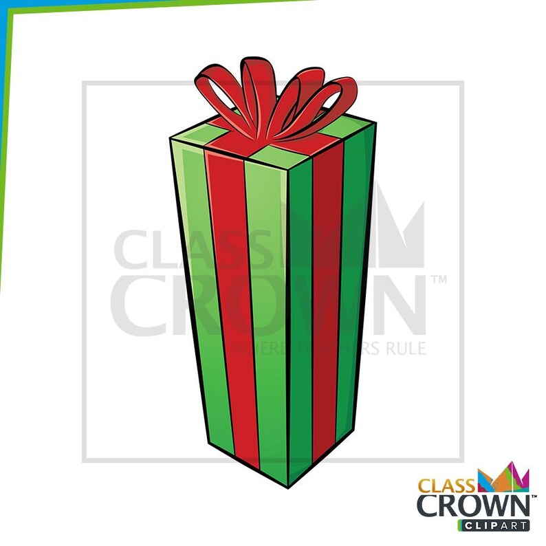 May include: A tall, rectangular gift box with a red bow on top. The box is green with vertical red stripes. The gift box is a festive design, perfect for holidays or special occasions.