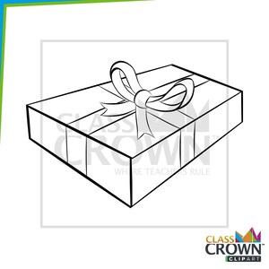 May include: Black and white line art illustration of a rectangular gift box with a bow on top. The box is divided into sections by lines. The text "CLASS CROWN CLIPART" is at the bottom.