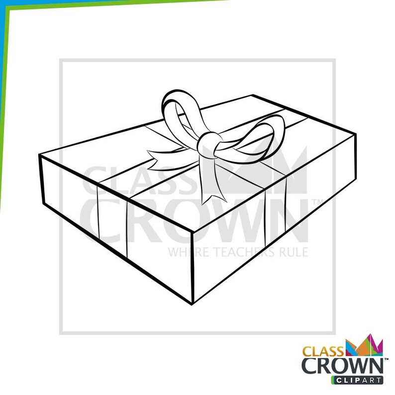 May include: Black and white line art illustration of a rectangular gift box with a bow on top. The box is divided into sections by lines. The text "CLASS CROWN CLIPART" is at the bottom.