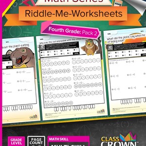 May include: A colorful educational worksheet pack for fourth grade math, featuring the title "Math Series Riddle-Me-Worksheets." The cover displays a dinosaur, an owl, and a pickle, with the text "Fourth Grade: Pack 2." The pack includes 30 pages of multi-skill math problems.