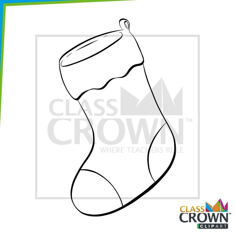 May include: Black and white line drawing of a Christmas stocking with a wavy cuff and a loop for hanging. The text "CLASS CROWN" and "WHERE TEACHERS RULE" is visible.