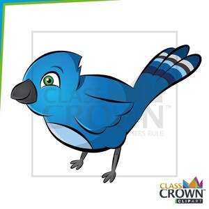 May include: A cartoon illustration of a blue jay bird with a black beak and green eye. The bird is in a side profile, with its wings and tail feathers visible. The image has the text "CLASS CROWN CLIPART".