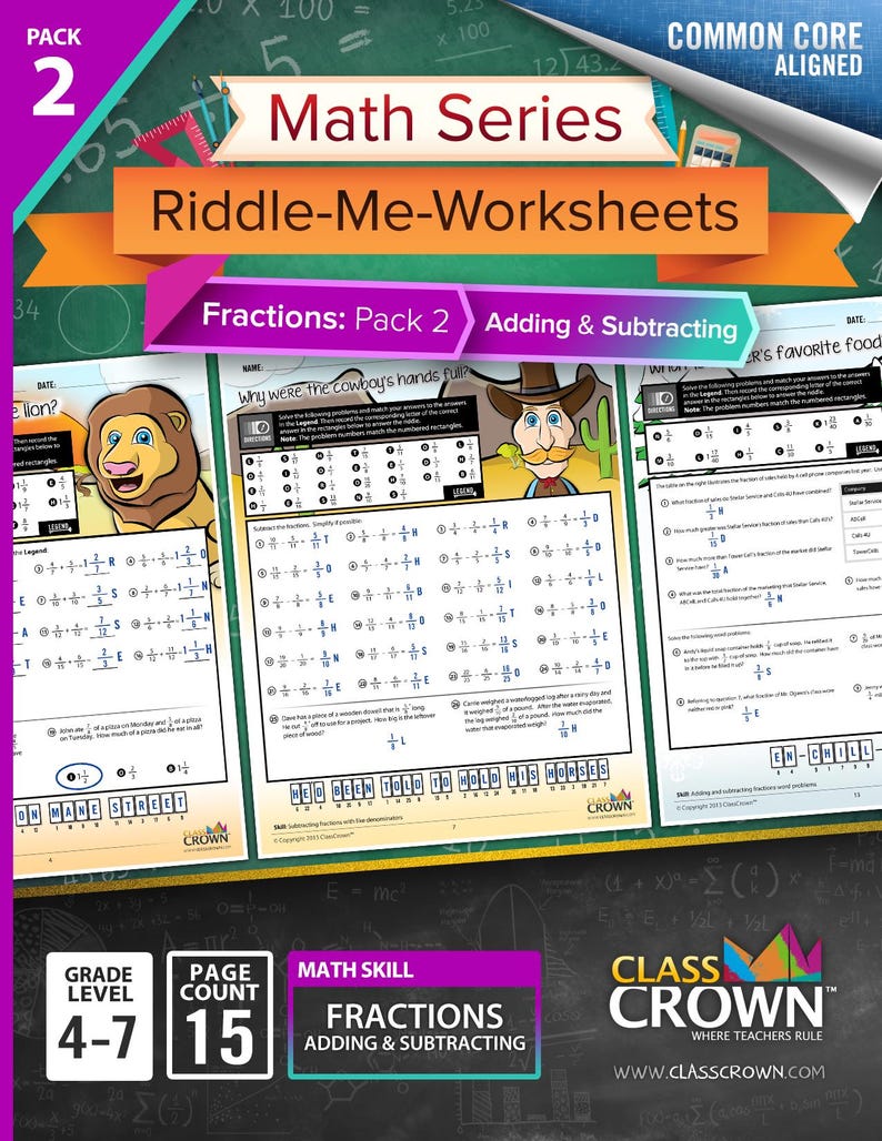 May include: A colorful math worksheet pack titled "Riddle-Me-Worksheets" for grades 4-7. The pack focuses on fractions, adding, and subtracting. The cover features a lion, a cowboy, and the text "Fractions: Pack 2 Adding & Subtracting".