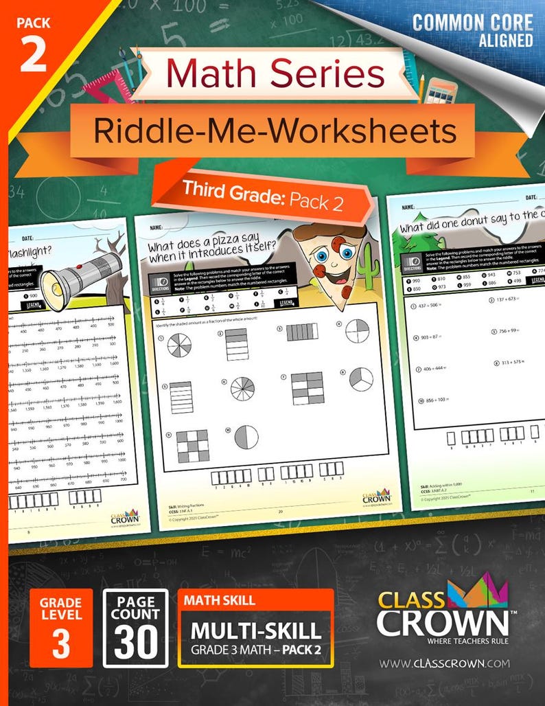 May include: A pack of three third-grade maths worksheets titled "Riddle-Me-Worksheets" with a pizza slice graphic. The worksheets are part of the "Math Series" and include multi-skill problems. The pack contains 30 pages and is aligned with Common Core standards.