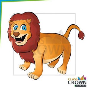 May include: A cartoon lion illustration with a red mane, orange body, and blue eyes. The lion is smiling and standing on all fours. The image has a white background with the words "CLASS CROWN CLIPART" at the bottom.