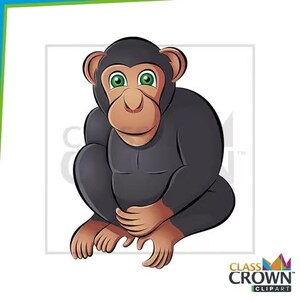 May include: A cartoon chimpanzee illustration. The chimpanzee is depicted in a seated position with a dark gray body, tan face, and bright green eyes. The image includes the text "CLASS CROWN CLIPART".