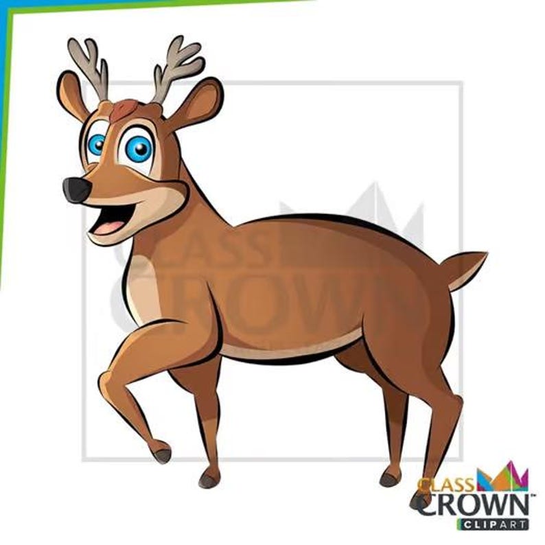 Pu&ograve; includere: Illustrazione di un cervo dei cartoni animati con pelliccia marrone, grandi occhi blu e piccole corna. Il cervo &egrave; raffigurato in una posa mentre cammina con la bocca aperta, suggerendo un comportamento amichevole o giocoso. L'immagine ha uno sfondo bianco.