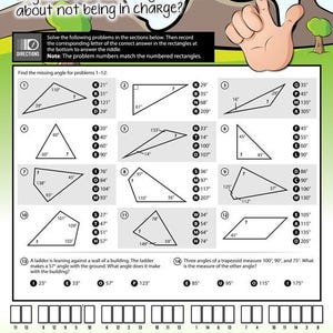 May include: A worksheet with geometry problems, including finding missing angles in triangles and quadrilaterals. The title asks, "Why was the index finger upset about not being in charge?" A hand illustration points to the problems.