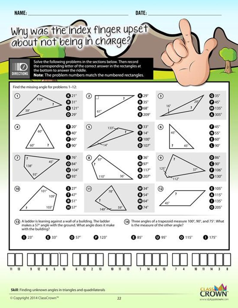 May include: A worksheet with geometry problems, including finding missing angles in triangles and quadrilaterals. The title asks, "Why was the index finger upset about not being in charge?" A hand illustration points to the problems.