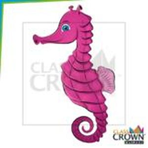 May include: A vibrant pink seahorse illustration with a curved body and a curled tail. The seahorse has a long snout, a small fin, and a blue eye. The image includes the text "CLASS CROWN" in a stylized font.