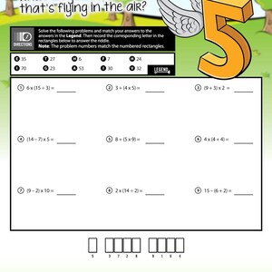 May include: A worksheet with the text "What do you call a 5 that's flying in the air?" features math problems and a riddle. The number 5 is depicted with wings. The worksheet is designed for solving with parentheses.